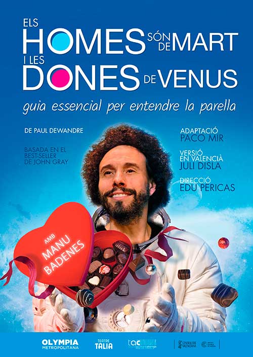 Cartel en valenciano de la obra 'Els Homes són de Mart i les Dones de Venus' con Manu Badenes.
